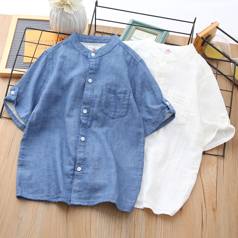 双层棉纱儿童短袖衬衣薄款纯色立领宝宝纯棉上衣夏季童装男童衬衫