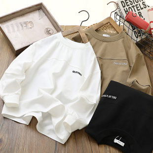 男童长袖 春装 2026新款 春秋儿童男孩圆领白色上衣潮 t恤纯棉打底衫