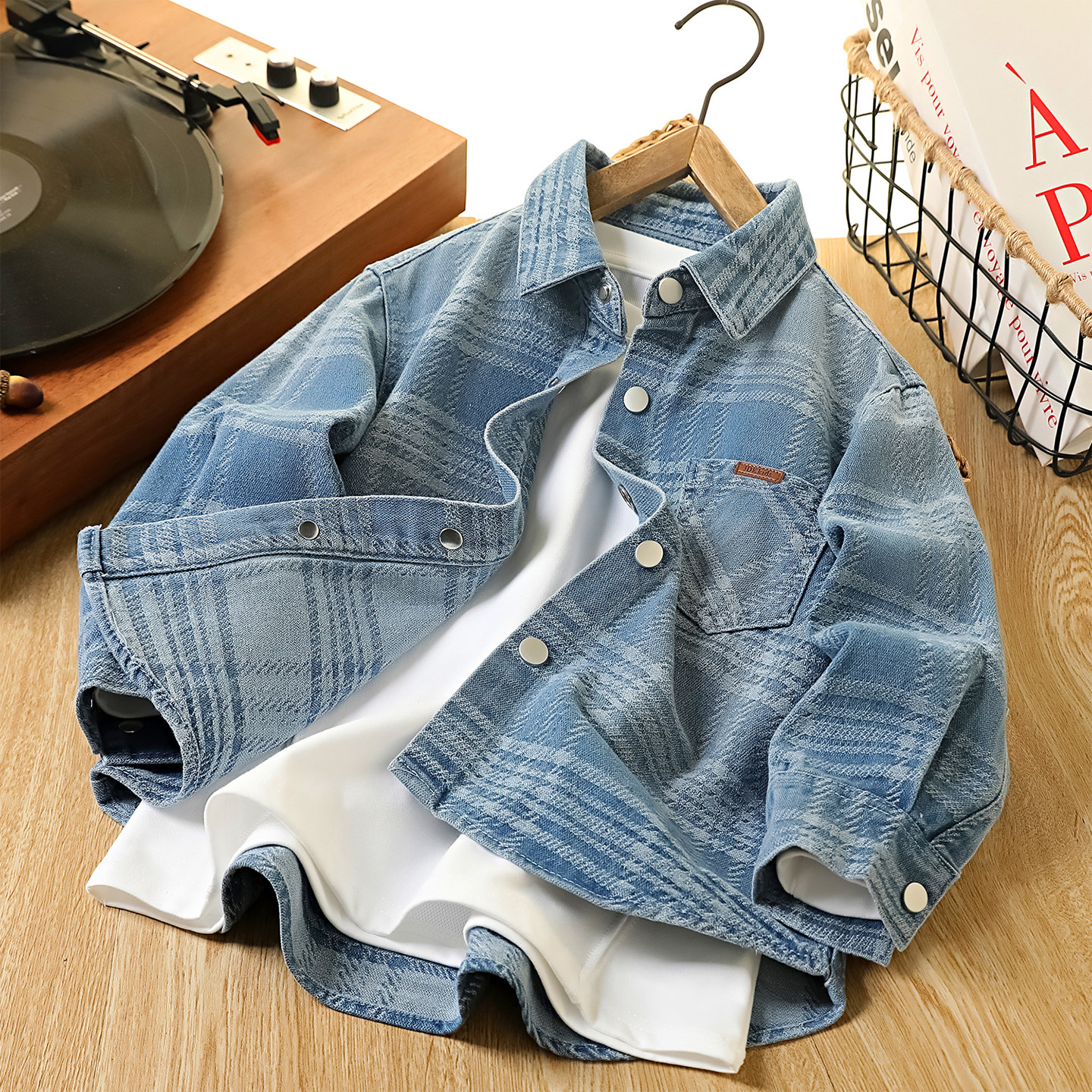 男童牛仔衬衫外套儿童休闲格子长袖衬衣春秋款中大童上衣帅气宽松