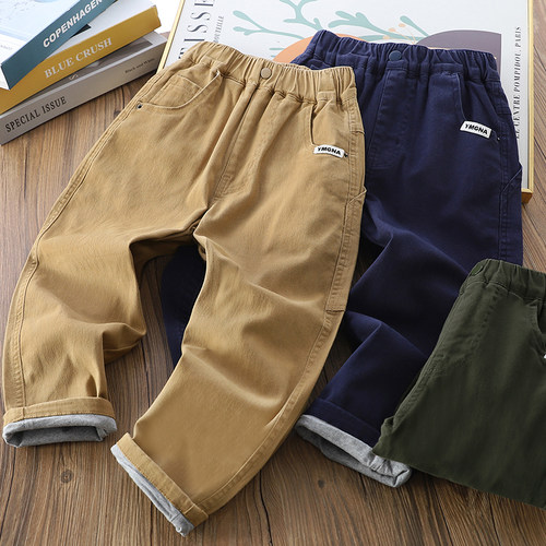 秋冬款纯棉男童双层休闲夹裤加绒