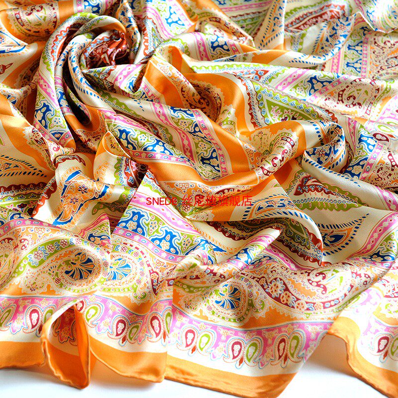 100真丝110大方巾披肩丝巾桑蚕丝绸缎面男女围巾春秋季领巾橙黄粉