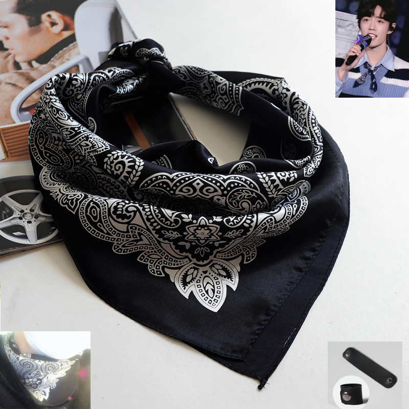 男士真丝小方巾桑蚕丝丝巾围巾春秋冬季领巾头巾手腕纱巾腰果花黑 - 丝尼迪旗舰店出品