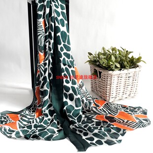 绸缎面真丝桑蚕丝长款丝巾女士围巾披肩丝巾春秋领巾女斑纹绿橙色