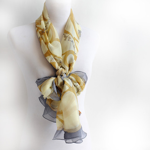 100%真丝长巾女丝巾桑蚕丝领巾围巾春秋冬季薄披肩纱巾头巾灰黄色
