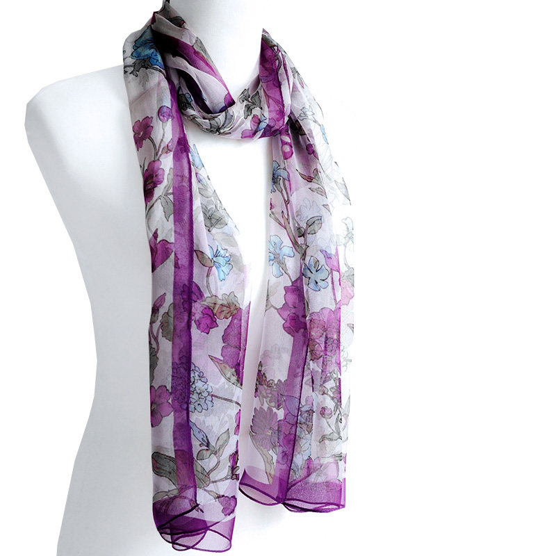 100%桑蚕丝围巾薄纱巾真丝长丝巾女春秋冬季丝绸披肩领巾紫红碎花