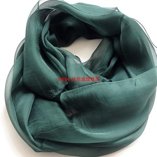 纱巾薄百搭围脖套头领巾纯色墨绿素色 真丝丝巾桑蚕丝围巾披肩长款