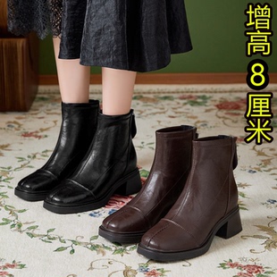 方头短靴2025新款小个子高跟马丁靴粗跟真皮加绒小码女靴313233冬