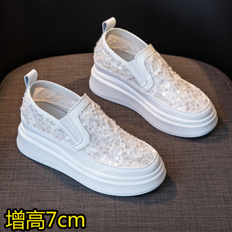 一脚蹬网面透气小白鞋内增高小个子夏季亮片乐福鞋小码女鞋313233