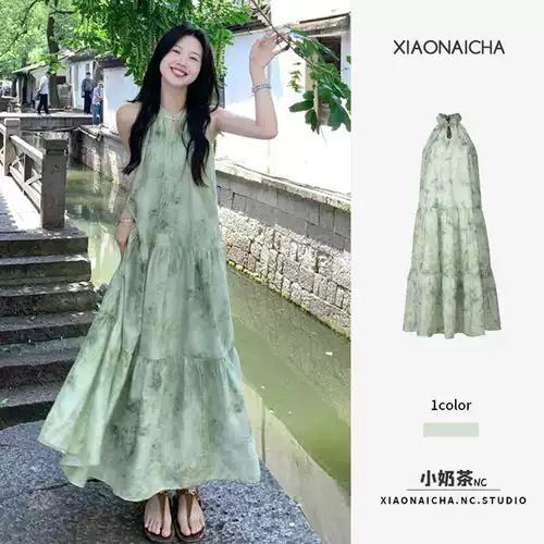Зеленое летнее платье, длинная юбка без рукавов, китайский стиль, свободный крой, изысканный стиль