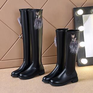 欧美过膝皮面显瘦女靴子2025年新款百搭长筒靴学生女童加绒马丁靴