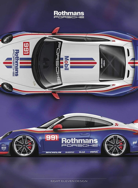 保时捷Porsche991.2车贴拉花GT3Rothmans车身贴机盖车顶车尾贴纸
