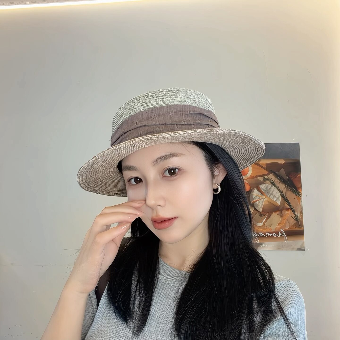 棉麻丝带平顶草帽女海边度假遮阳防晒帽子显脸小镂空平顶草编帽