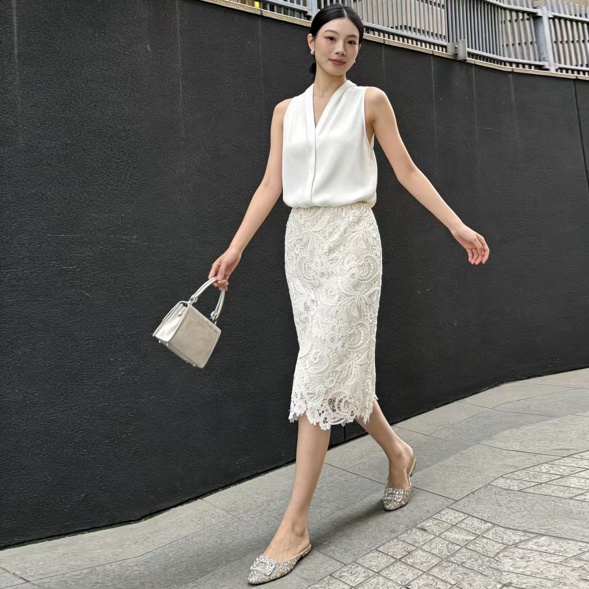 安斐欧娜夏季蕾丝高腰半身裙