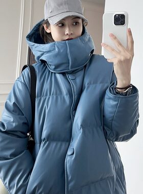 海宁羊皮羽绒皮衣女中长款连帽