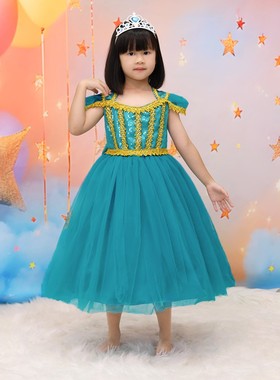 阿拉丁神灯茉莉公主连衣裙儿童礼服绿色蓬蓬裙女童角色扮演演出服