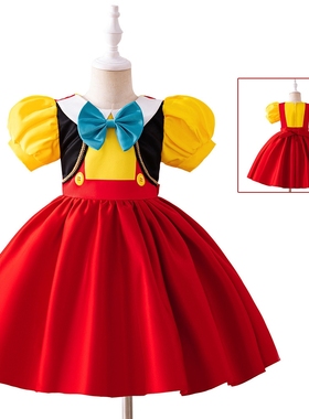 匹诺曹女童礼服儿童红色缎布短袖连衣裙女孩cos角色扮演演出服装