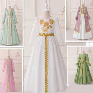迪拜中东沙特阿拉伯女童白色长袍公主裙儿童生日长袖礼服演出服装