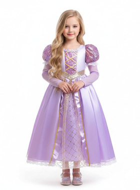 长发公主连衣裙紫色亮片长袖女童礼服儿童cosplay角色扮演演出服