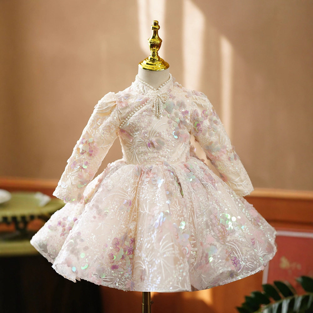 中国风女童生日礼服中式女孩亮片长袖公主裙儿童高端演出服装秋冬