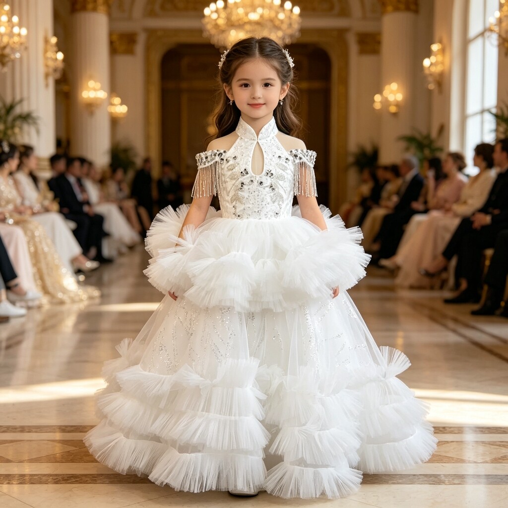 女童礼服中国风白色拖尾女孩蓬蓬公主裙儿童小主持古筝高端演出服