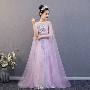 儿童主持艺考古筝演奏演出服装中国风女童礼服女孩古典紫色公主裙