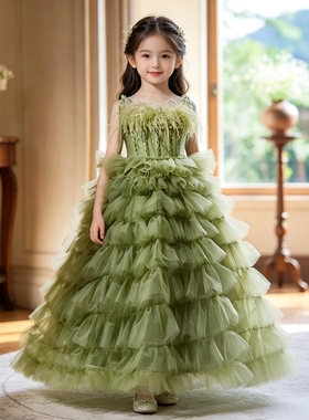 儿童生日礼服绿色森系女童齐地蓬蓬公主裙高端洋气走秀主持演出服
