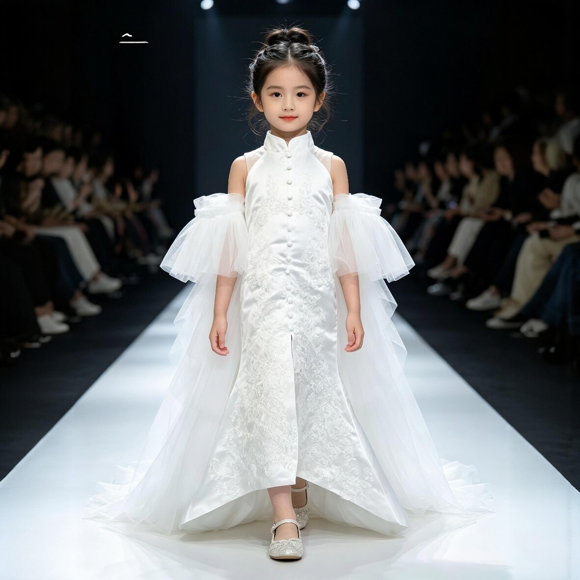 女童中国风礼服网纱公主裙儿童白色旗袍裙女孩拖尾走秀高端演出服