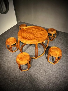 金丝楠木圆形休闲桌六件套中式 古典实木茶桌椅组合小叶桢楠圆鼓桌