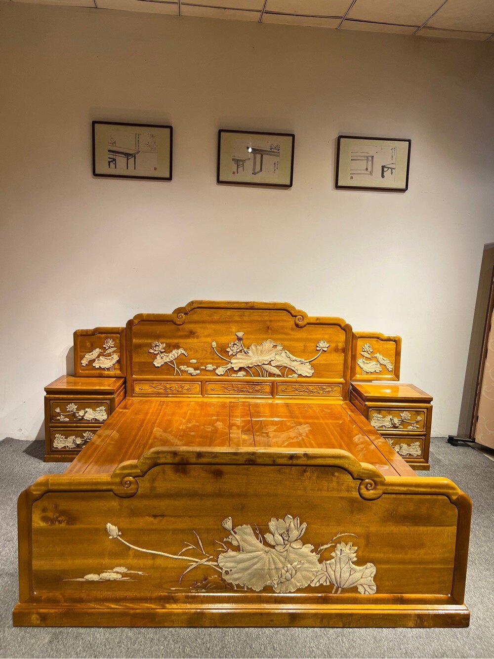 金丝楠木床铺小叶桢楠雕花大床实木古典中式床三件套带抽屉储物床