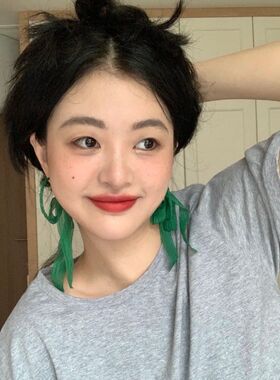 花兔森绿色蕾丝绢纱布艺蝴蝶结仙气耳圈超长显瘦显白夸张耳环优雅