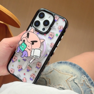 可爱满屏左卫门磁吸支架壳适用苹果16手机壳iPhone16promax新款15Pro全包15苹果14防摔套14Pro苹果13黑色边框