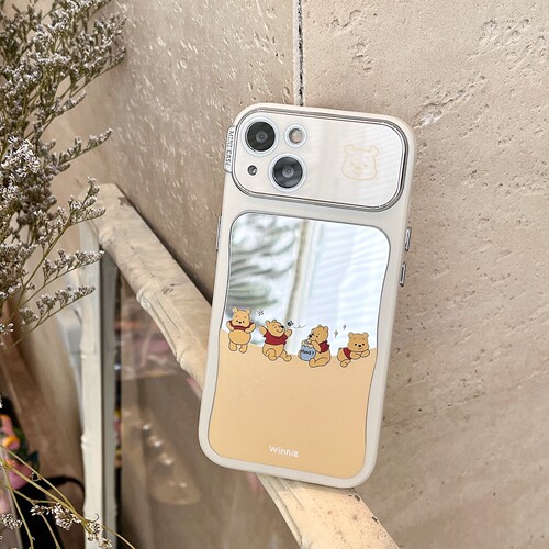 镜面可爱维尼熊iPhone16/15手机壳适用苹果14/13promax自带镜头膜软壳少女心卡通动漫新款镜子镜头全包软胶
