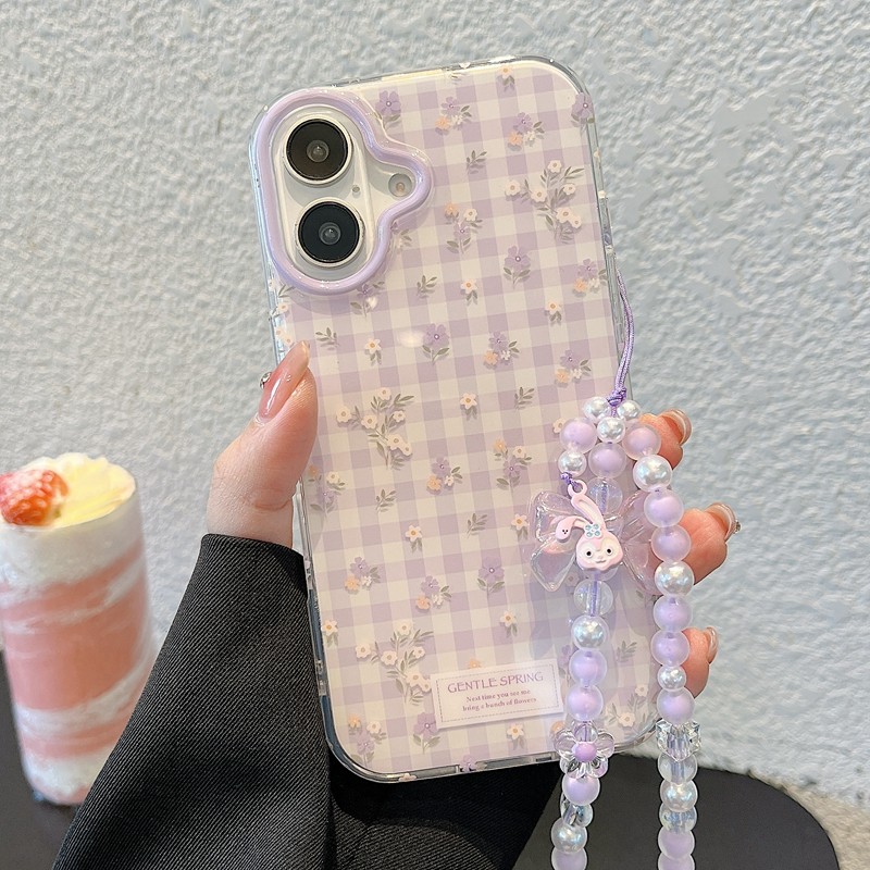 紫色格子碎花适用iPhone16promax苹果15手机壳14promax双层硬底亮面17防摔保护套16pro手链13新款清新少女壳