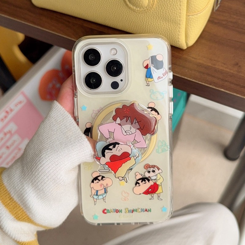 日系卡通动漫搞怪挨揍小新旋转磁吸支架适用于iphone16promax苹果14手机壳气囊双层硬底15可爱13pm防摔软边