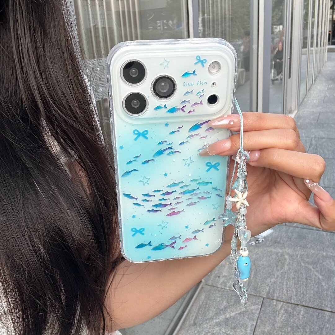 韩风创意可爱17pro氛围感ins海底鎏金鱼群适用苹果16/17promax/iPhone15pro手机壳高级感双层硬底防摔保护套