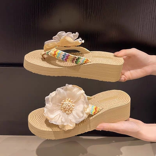 傣族花朵拖鞋厚底人字拖女夏季新款西双版纳仙女风拖鞋坡跟女凉拖