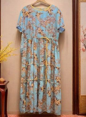 《村》夏季品牌折扣女装碎花中长款雪纺半透叠穿时尚连衣裙82108