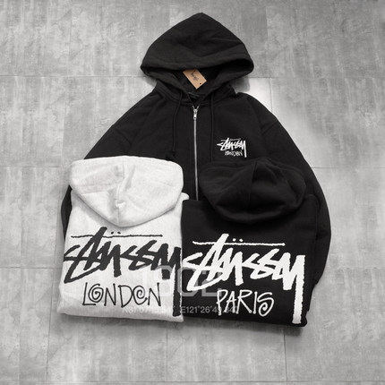 现货 STUSSY HOODED 城市限定 巴黎伦敦东京 拉链卫衣加绒帽衫