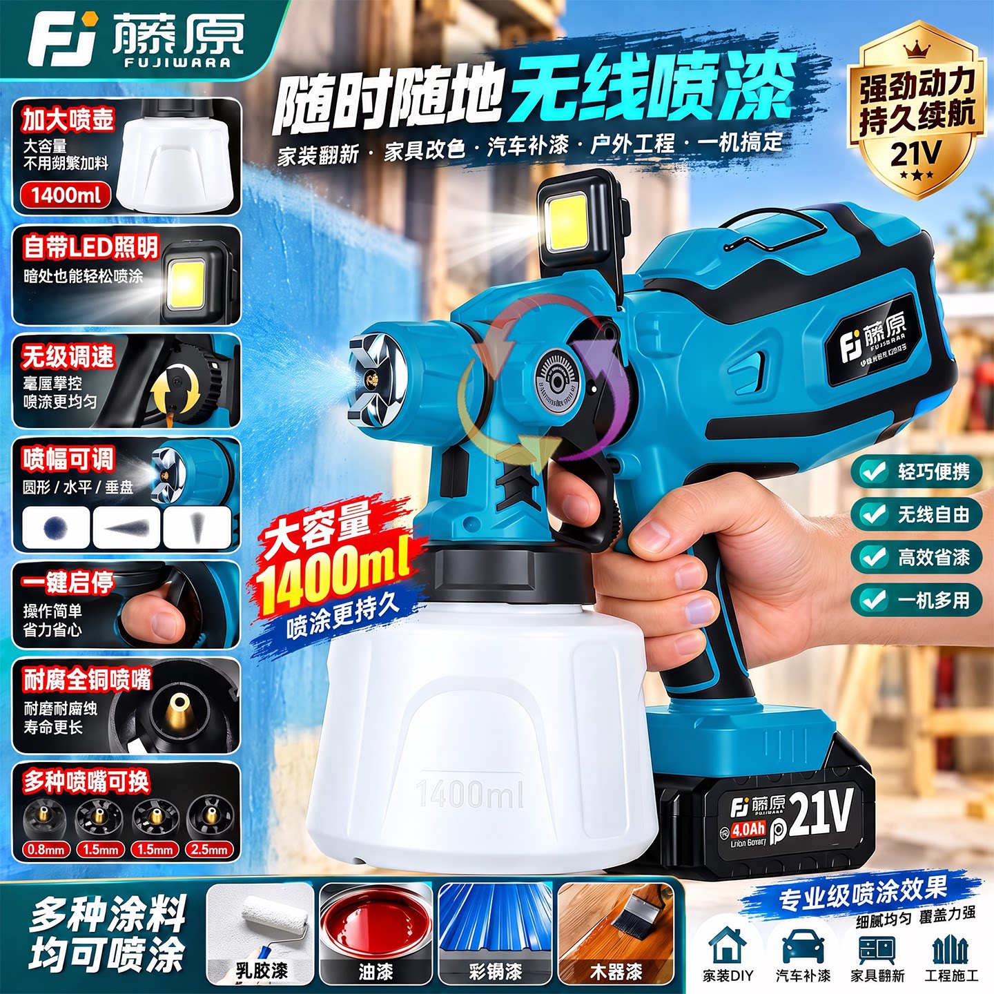 藤原电动喷漆枪油漆锂电喷枪乳胶漆家用喷涂机充电式大功率一体机
