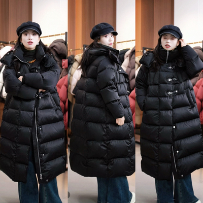 12/7法式缎面高级感90大白鹅绒U型扣连帽女中长款过膝保暖羽绒服