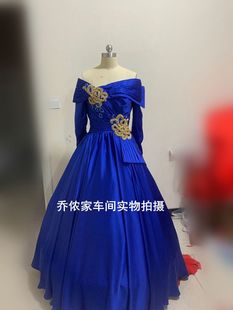 实拍一字肩宝蓝色音乐会独唱礼服女艺考礼服显瘦唱歌蓬蓬裙演出服