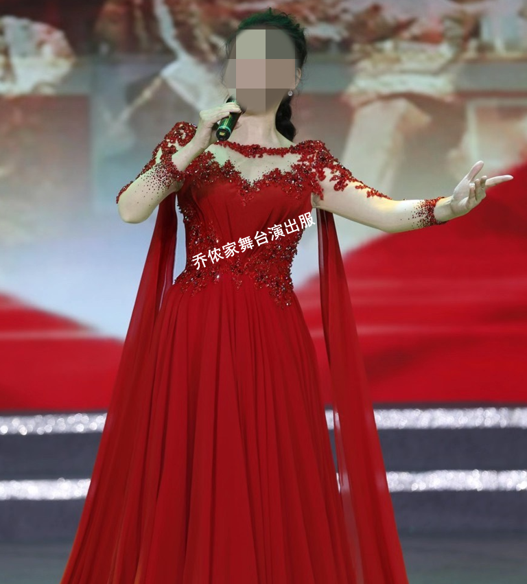 显瘦红色晚礼服年会独唱演出服民歌礼服舞台表演服装声乐艺考长裙