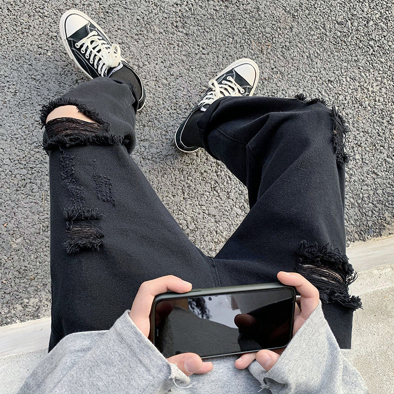 点击10%现货主推破洞九分牛仔裤宽松9分裤男女中性修身裤NB160P55图片