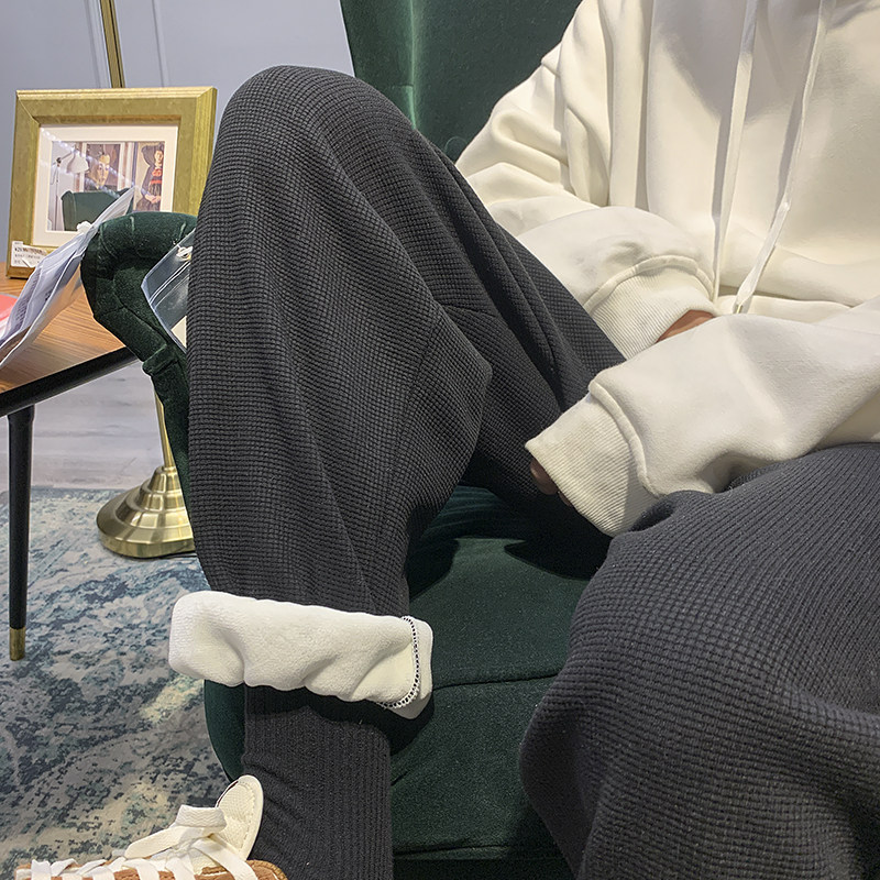 现货主推加绒加厚华夫格休闲裤！男女中性宽松束脚裤NB680,男装休闲裤,电商C303