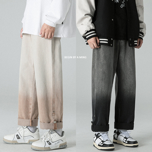 C303-NB815-P55-控68 美潮扎染渐变牛仔裤男女中性宽松直筒卷边裤图片