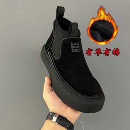 欧洲站秋季男士真皮磨砂皮高帮一脚蹬翻毛皮休闲套脚短靴英伦商务