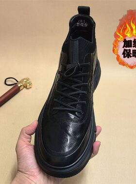 真皮男鞋秋冬款2024新款休闲高帮棉鞋潮款运动防冻高颜值爆款皮鞋