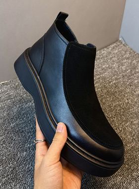 男士潮流时尚百搭真皮牛皮新款高帮休闲皮鞋男黑色皮靴休闲马丁靴