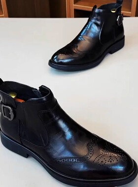 广州秋冬欧货男士时尚休闲拉链英伦布洛克切尔西皮鞋商务男鞋棉鞋