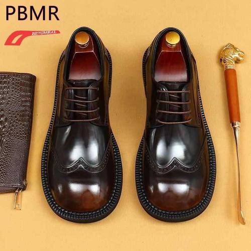 大头皮鞋男士高档真皮鞋英伦风时尚潮流布洛克圆头商务亮皮德比鞋